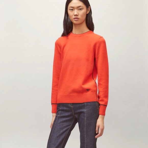 $378 Tory Burch Women Cashmere Pullover Red/Tory Navy size M - Picture 1 of 16
